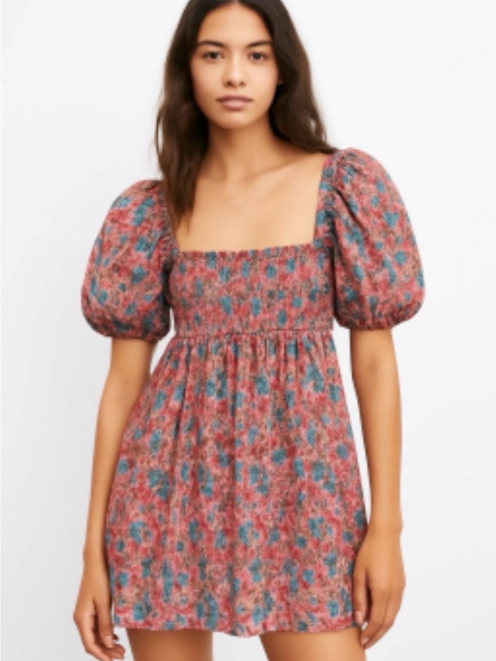 ZARA | Floral Square Neck Puff‎ Sleeve Cottagecore Stretchy Mini Dress Small
